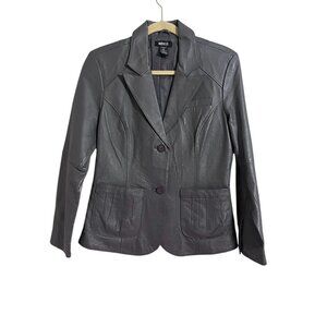 Vintage Leather Jacket Gray 8P Neutral Blazer Tailored Classic Chic Western 80s